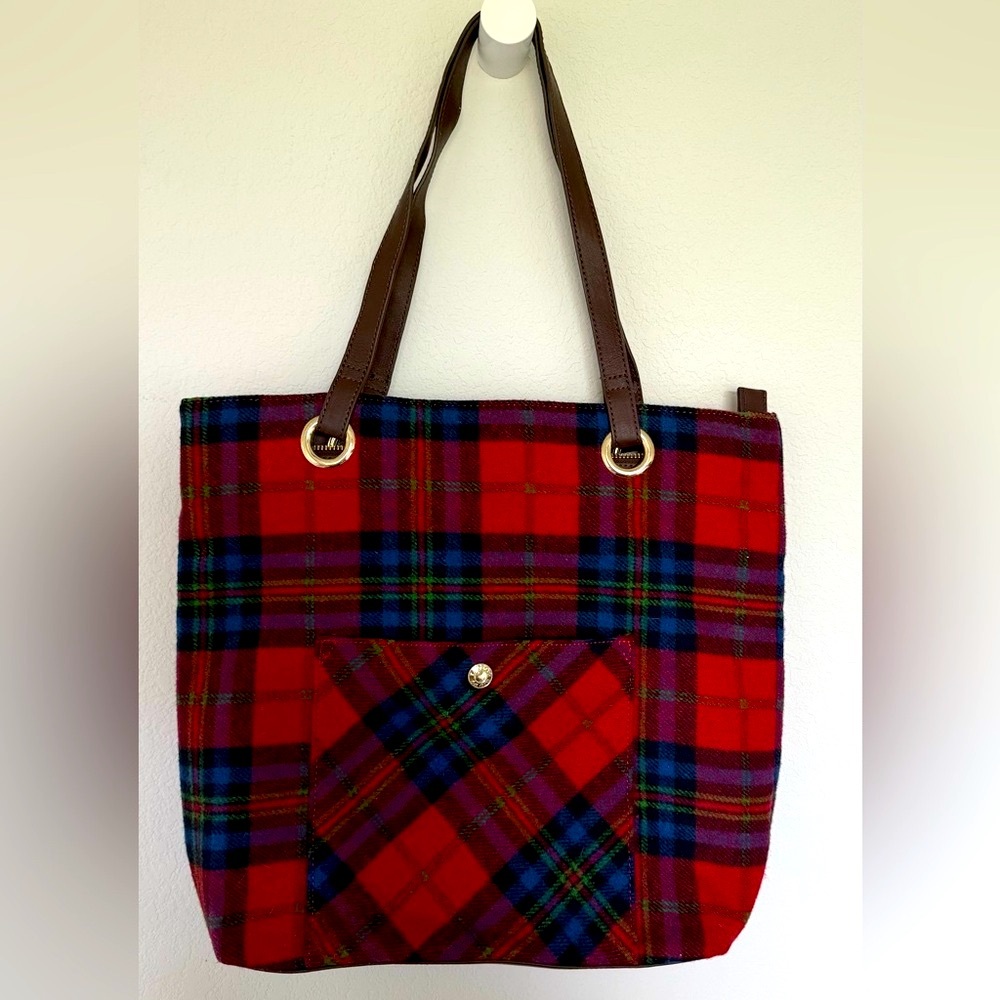 Talbots wool plaid tote bag (red blue black)